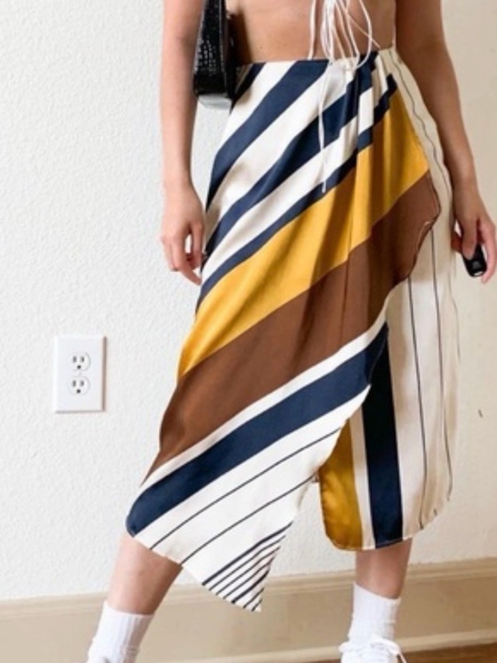 Mango Y2K Striped Midi Wrap Skirt in Mustard, Brown and Black - Picture 2 of 5